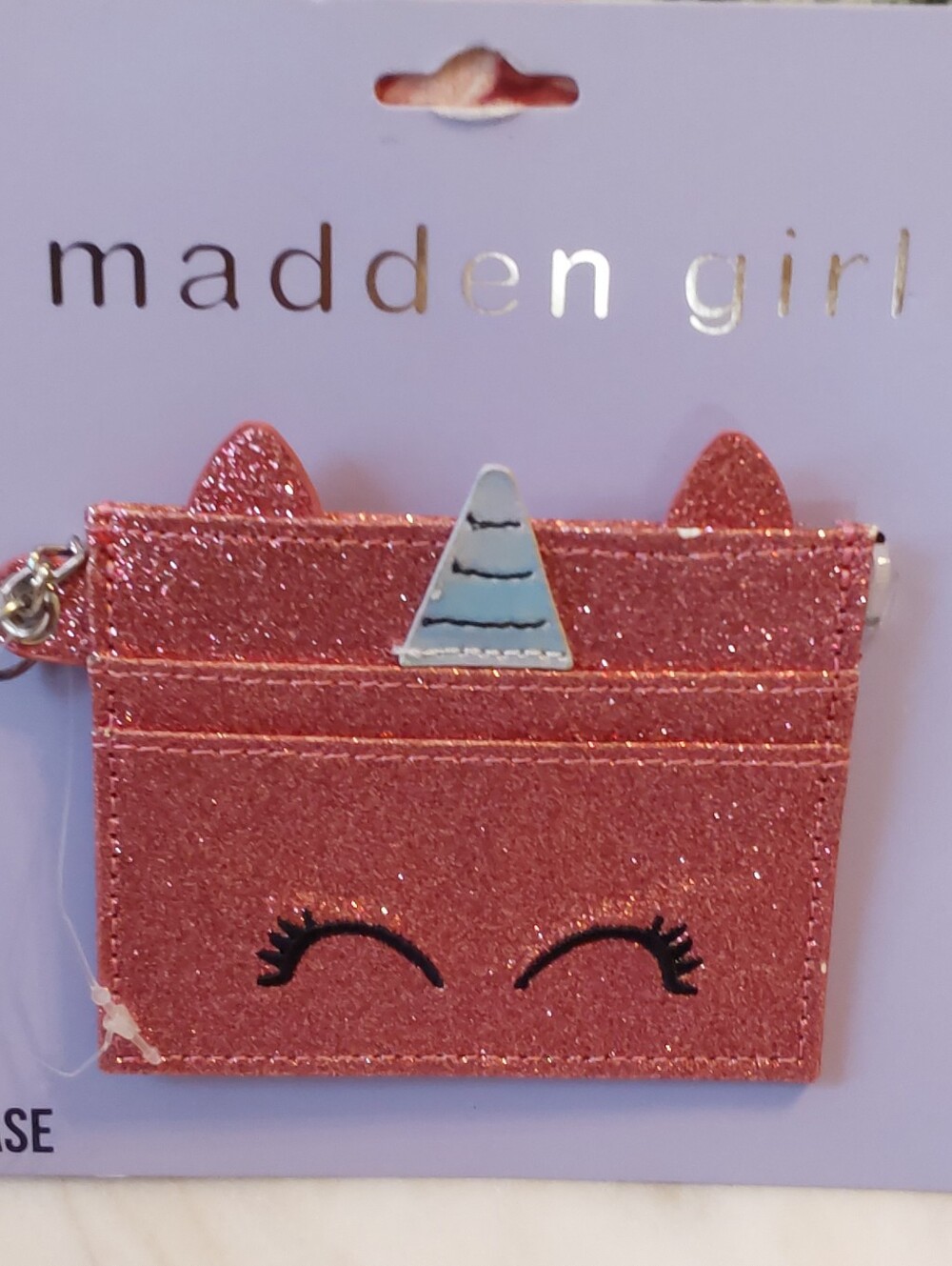 NWT Madden Girl Pink Card Holder, Glittery Small Wallet With Silver Key Chain - Picture 3 of 6